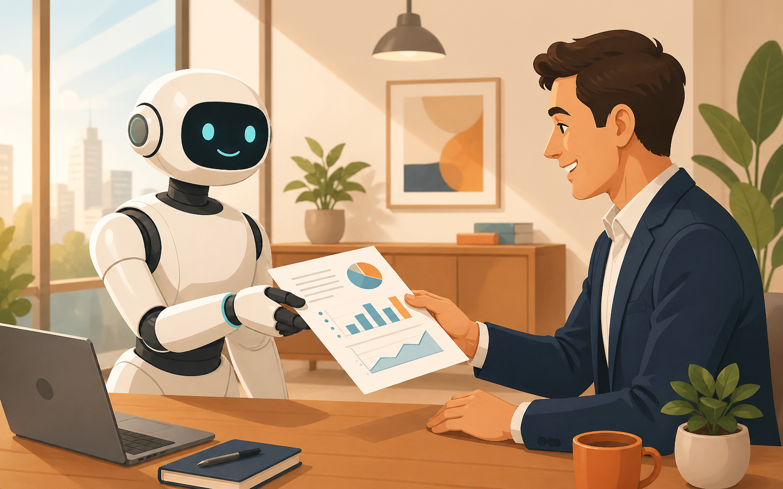 Robot and human collaborating in a small business office