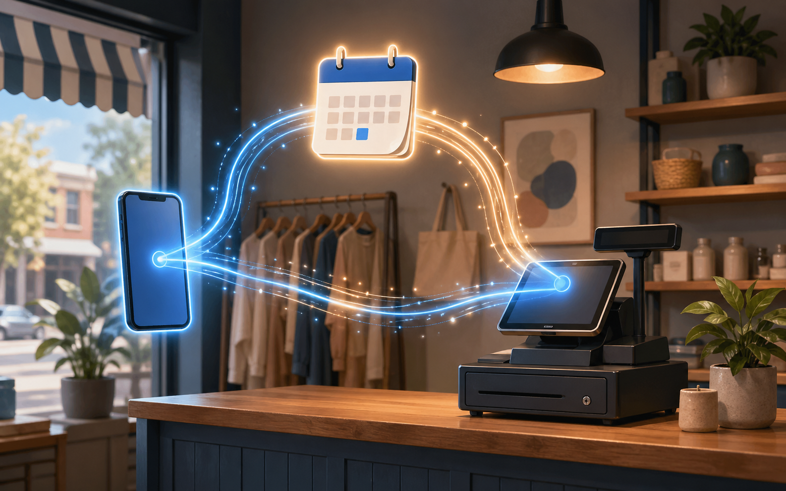 Tech-infused small business boutique with AI-powered glowing data connections
